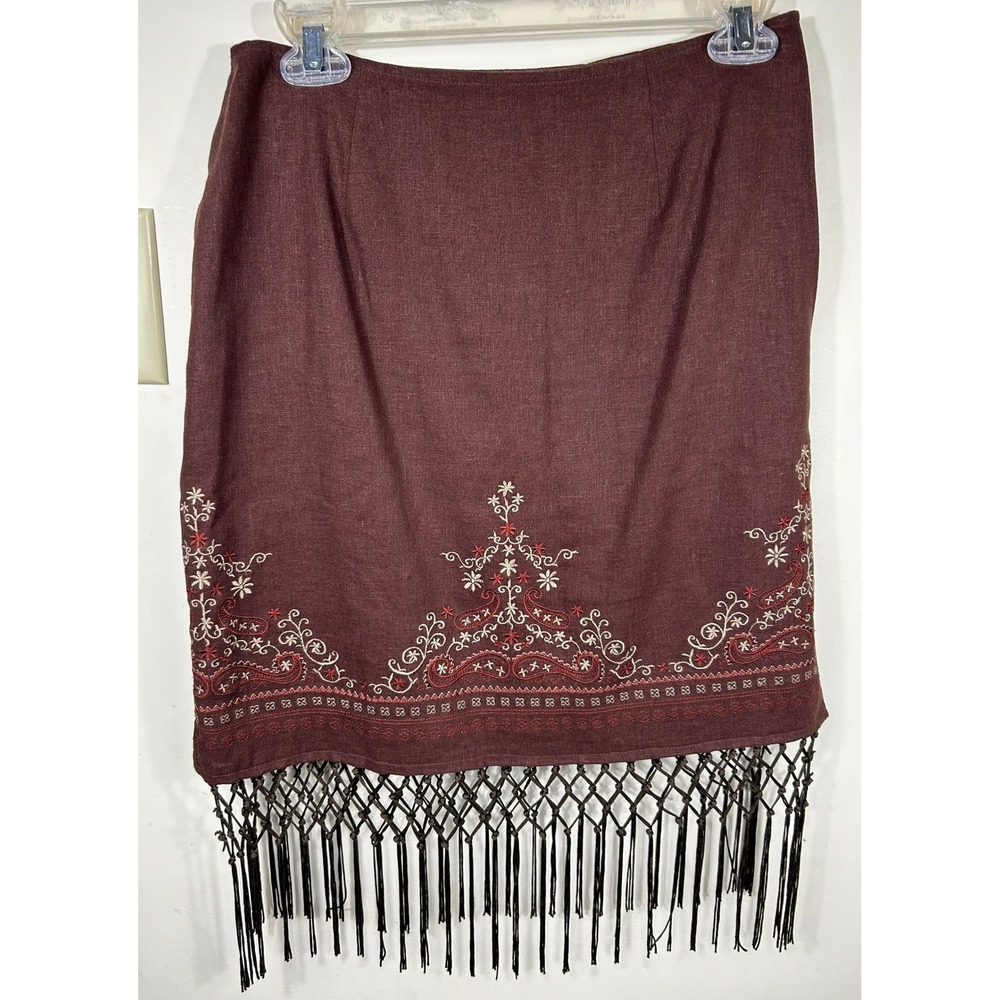 VTG Y2K B Moss‎ Tailor Mini Skirt 6 Linen Blend Embroidered Fringed Fairy Grunge